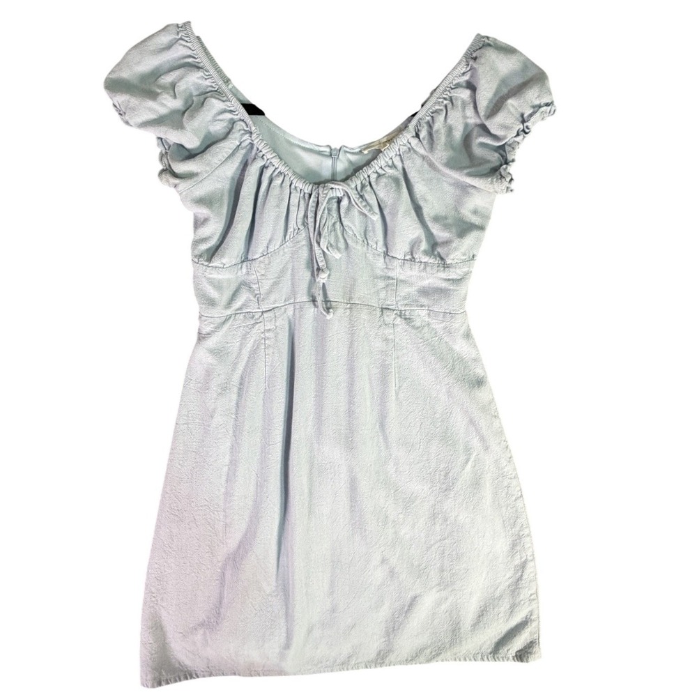 Lt Blue Textured Puff Sleeve Tie Front Mini Dress Size S Cottagecore Coquette